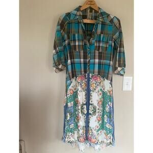 EUC Aratta Silent Journey Plaid Floral Shirt Dress Size M